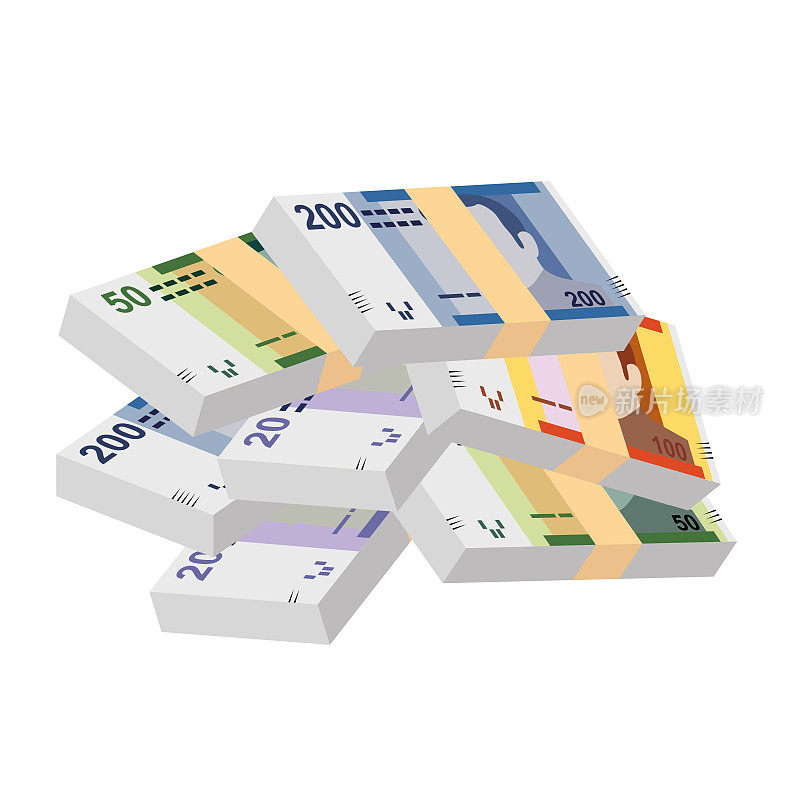 摩洛哥迪拉姆矢量插图。摩洛哥，休达，梅利利亚，西班牙货币集捆绑钞票。纸币20 50 100 200 MAD。平的风格。孤立在白色背景上。简单的最小设计。